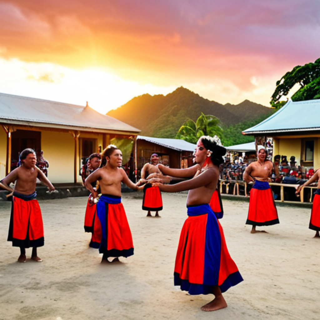 **A vibrant Meke performance in a Fijian village square at sunset. Dancers in colorful traditional costumes move in sync to the rhythm of the *lali* drum and vocal harmonies. The scene is filled with energy and passion, capturing the essence of Fijian storytelling through song and dance.**
