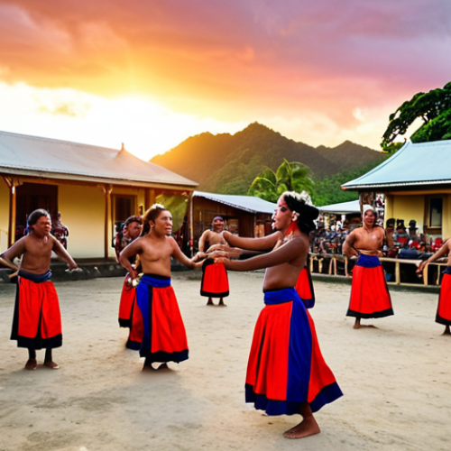 Home 15 **A vibrant Meke performance in a Fijian village square at sunset. Dancers in colorful traditional costumes move in sync to the rhythm of the *lali* drum and vocal harmonies. The scene is filled with energy and passion, capturing the essence of Fijian storytelling through song and dance.**