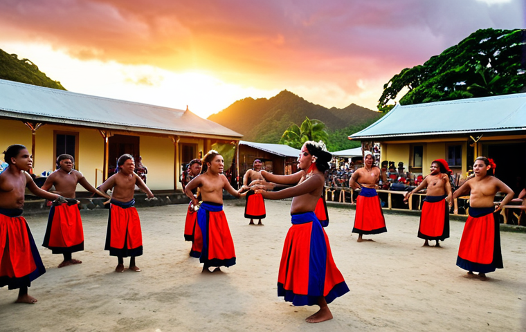**A vibrant Meke performance in a Fijian village square at sunset. Dancers in colorful traditional costumes move in sync to the rhythm of the *lali* drum and vocal harmonies. The scene is filled with energy and passion, capturing the essence of Fijian storytelling through song and dance.**