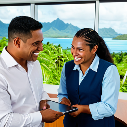 Home 14 A professional Fijian woman and a skilled international male professional, both in modest business attire, standing together in a bright, modern office overlooking a lush tropical landscape. They are smiling and collaborating on a shared document on a tablet, with a subtle hint of Fijian artwork on the wall and a map of Fiji in the background. The scene embodies a strategic partnership for sustainable growth and economic contribution. This is a professional photograph, high-resolution, with soft natural lighting. It is safe for work, appropriate content, fully clothed, perfect anatomy, correct proportions, natural pose, well-formed hands, proper finger count, natural body proportions.