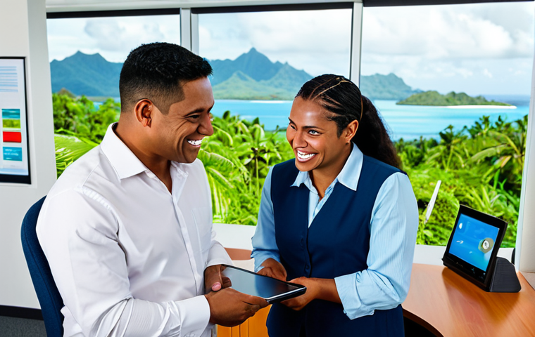 A professional Fijian woman and a skilled international male professional, both in modest business attire, standing together in a bright, modern office overlooking a lush tropical landscape. They are smiling and collaborating on a shared document on a tablet, with a subtle hint of Fijian artwork on the wall and a map of Fiji in the background. The scene embodies a strategic partnership for sustainable growth and economic contribution. This is a professional photograph, high-resolution, with soft natural lighting. It is safe for work, appropriate content, fully clothed, perfect anatomy, correct proportions, natural pose, well-formed hands, proper finger count, natural body proportions.