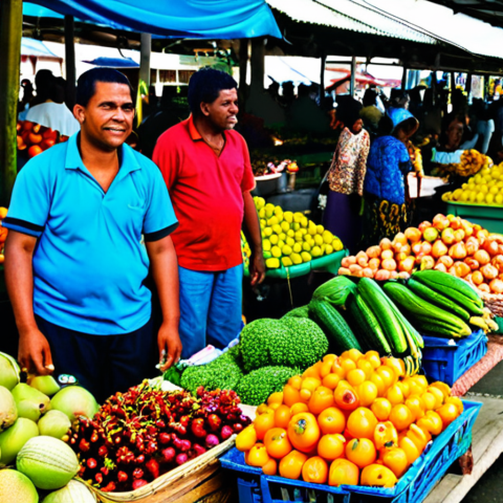 Suva Municipal Market**

"A bustling scene at the Suva Municipal Market, Fiji. Colorful displays of exotic fruits, vegetables, and local crafts are visible. Locals are actively buying and selling, creating a vibrant and chaotic atmosphere. Focus on the textures and colors of the produce and the diversity of the people. Safe for work, appropriate content, fully clothed, professional photography, natural proportions, high quality, market, people, Fiji."

**