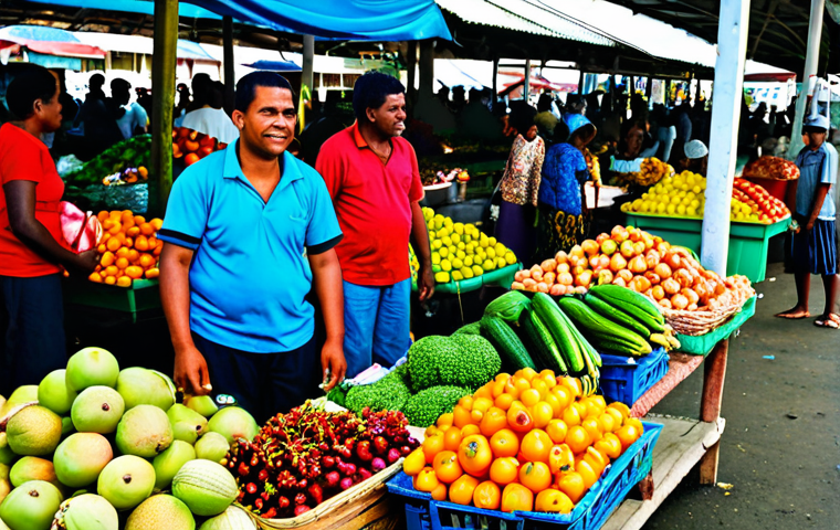 Suva Municipal Market**

"A bustling scene at the Suva Municipal Market, Fiji. Colorful displays of exotic fruits, vegetables, and local crafts are visible. Locals are actively buying and selling, creating a vibrant and chaotic atmosphere. Focus on the textures and colors of the produce and the diversity of the people. Safe for work, appropriate content, fully clothed, professional photography, natural proportions, high quality, market, people, Fiji."

**