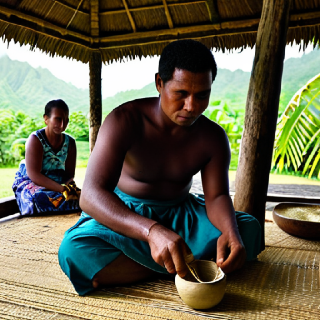 Kava Ceremony**

"A traditional Fijian Kava ceremony in a village bure, participants are fully clothed in modest attire, sitting respectfully on woven mats, an elder is preparing the Kava, soft natural lighting, safe for work, appropriate content, family-friendly, perfect anatomy, natural pose, correct proportions, well-formed hands, professional photography, high quality."

**