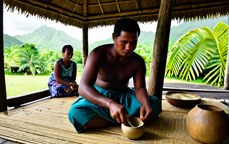 Kava Ceremony**

"A traditional Fijian Kava ceremony in a village bure, participants are fully clothed in modest attire, sitting respectfully on woven mats, an elder is preparing the Kava, soft natural lighting, safe for work, appropriate content, family-friendly, perfect anatomy, natural pose, correct proportions, well-formed hands, professional photography, high quality."

**