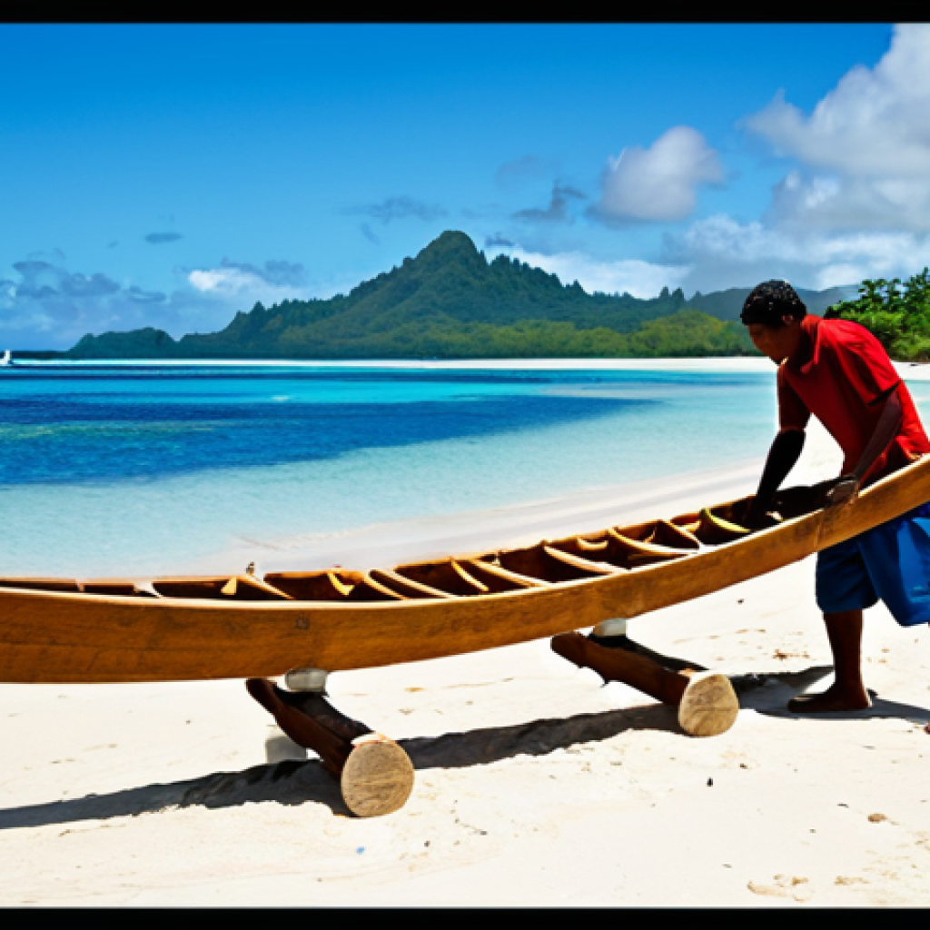 "A skilled Fijian craftsman, fully clothed in appropriate attire, constructing a traditional outrigger canoe from native timber on a tropical beach, safe for work, perfect anatomy, natural proportions, professional photography, vibrant colors, high quality, appropriate content, modest."