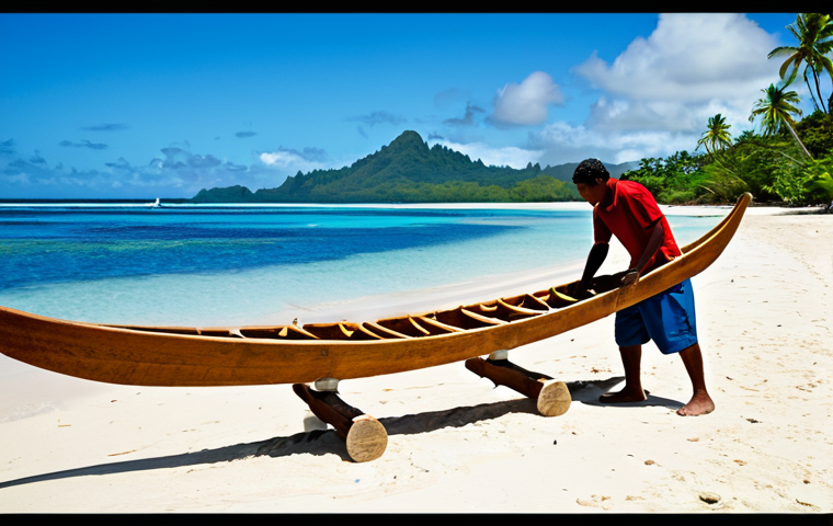 "A skilled Fijian craftsman, fully clothed in appropriate attire, constructing a traditional outrigger canoe from native timber on a tropical beach, safe for work, perfect anatomy, natural proportions, professional photography, vibrant colors, high quality, appropriate content, modest."