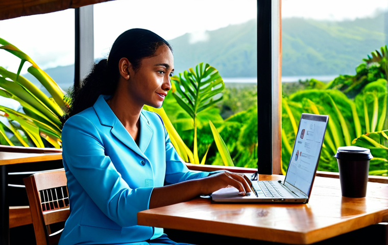 피지에서 인터넷 사용법 - A professional woman, fully clothed in modest business attire, working on a laptop at a cafe in Suva...