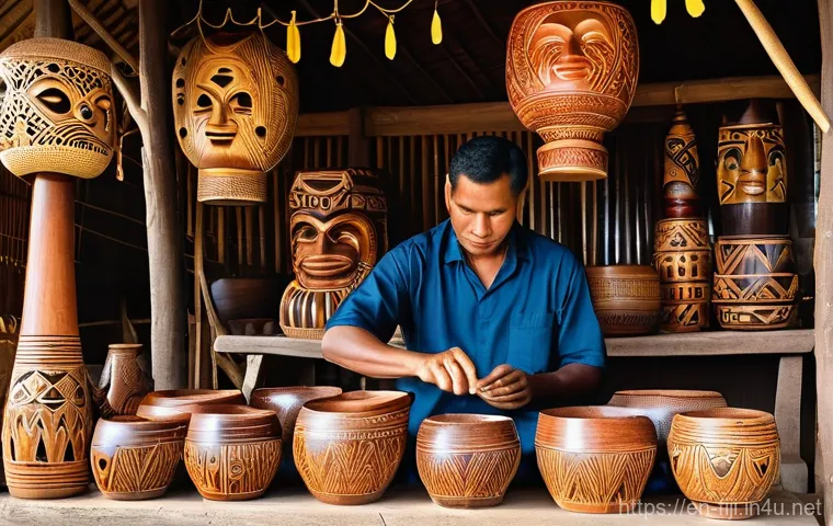 피지에서 쇼핑하기 좋은 곳 - **"A vibrant, sunlit Fijian handicraft market scene. In the foreground, a skilled Fijian male artisa...