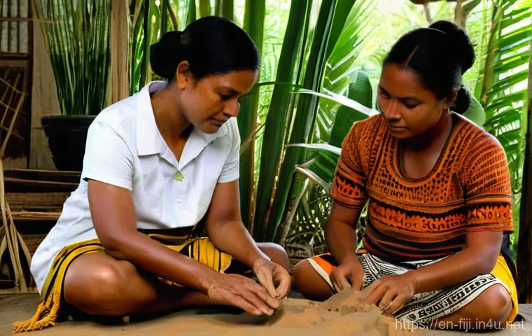 피지에서 쇼핑하기 좋은 곳 - **"A vibrant, sunlit Fijian handicraft market scene. In the foreground, a skilled Fijian male artisa...
