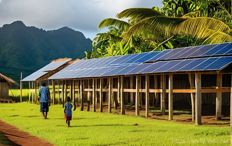 피지에서 한국 기업 진출 - **Prompt 1: Renewable Energy & Community Harmony**
    "A serene and brightly lit scene in a rural F...