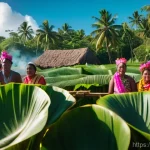 피지 로컬 바베큐 체험 - **Prompt:** A vibrant, cinematic wide shot capturing the unearthing of a traditional Fijian 'lovo' p...