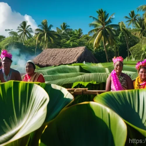 피지 로컬 바베큐 체험 - **Prompt:** A vibrant, cinematic wide shot capturing the unearthing of a traditional Fijian 'lovo' p...