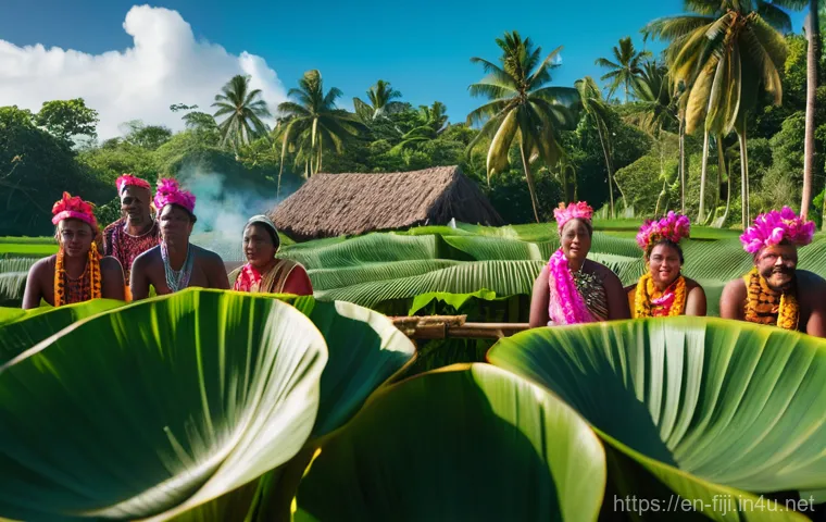 피지 로컬 바베큐 체험 - **Prompt:** A vibrant, cinematic wide shot capturing the unearthing of a traditional Fijian 'lovo' p...