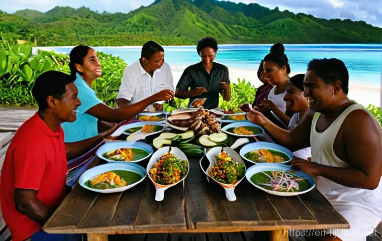 피지 로컬 바베큐 체험 - **Prompt:** A close-up, dynamic shot of a bustling roadside food stall in a small, authentic Fijian ...