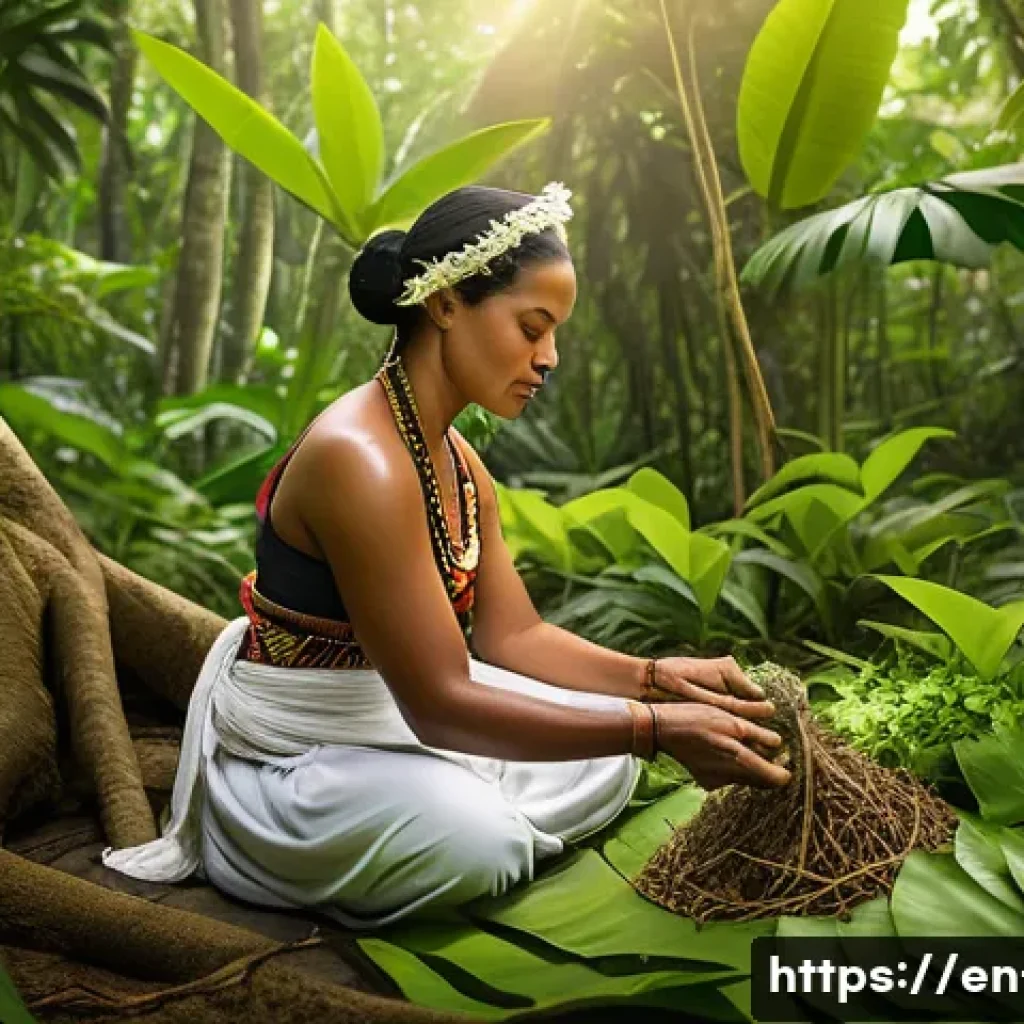 피지의 전통 의술과 치유법 - A serene Fijian healer woman in traditional attire, carefully gathering fresh yaqona (kava) roots an...