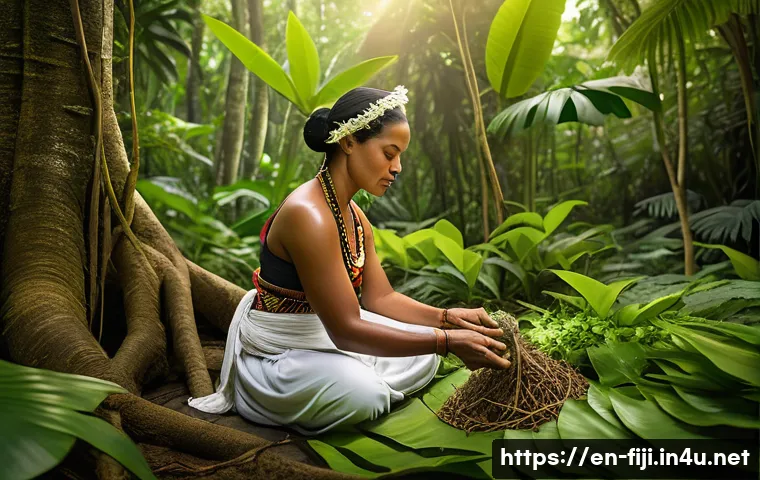 피지의 전통 의술과 치유법 - A serene Fijian healer woman in traditional attire, carefully gathering fresh yaqona (kava) roots an...