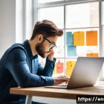 Home 19 피지어 배우기 - A modern, bright home office scene showing a young professional thoughtfully solving a complex puzzl...