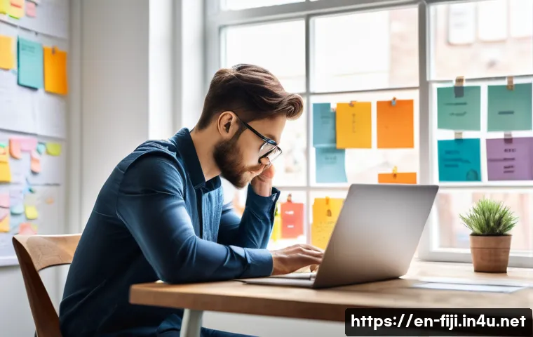 피지어 배우기 - A modern, bright home office scene showing a young professional thoughtfully solving a complex puzzl...