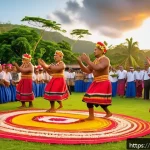 Home 21 피지의 축제 및 공휴일 - A vibrant outdoor Fijian festival scene at sunset featuring a traditional meke dance performance on ...