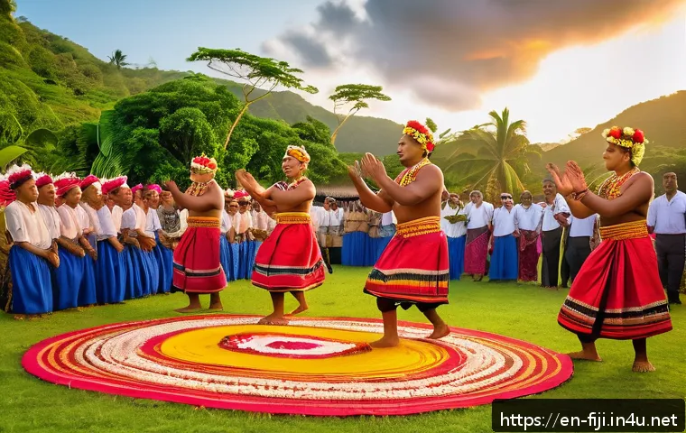 피지의 축제 및 공휴일 - A vibrant outdoor Fijian festival scene at sunset featuring a traditional meke dance performance on ...