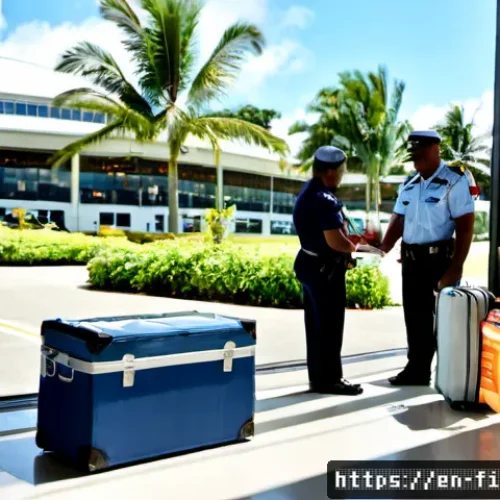 피지에서 금지된 약물 및 규제 - Photorealistic Fiji airport customs inspection scene, a uniformed Fijian border officer in a bright ...