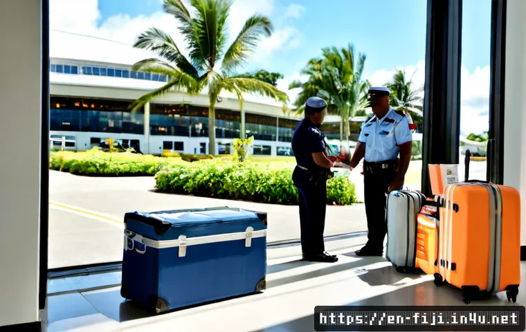 피지에서 금지된 약물 및 규제 - Photorealistic Fiji airport customs inspection scene, a uniformed Fijian border officer in a bright ...