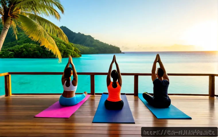 피지의 리트리트 프로그램 - Photorealistic wellness retreat in Fiji, diverse adult guests in simple resort attire practicing sun...