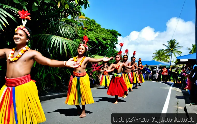 피지의 대표적인 행사 - Photorealistic Fiji cultural festival parade in Suva, joyful Pacific Island dancers in colorful trad...